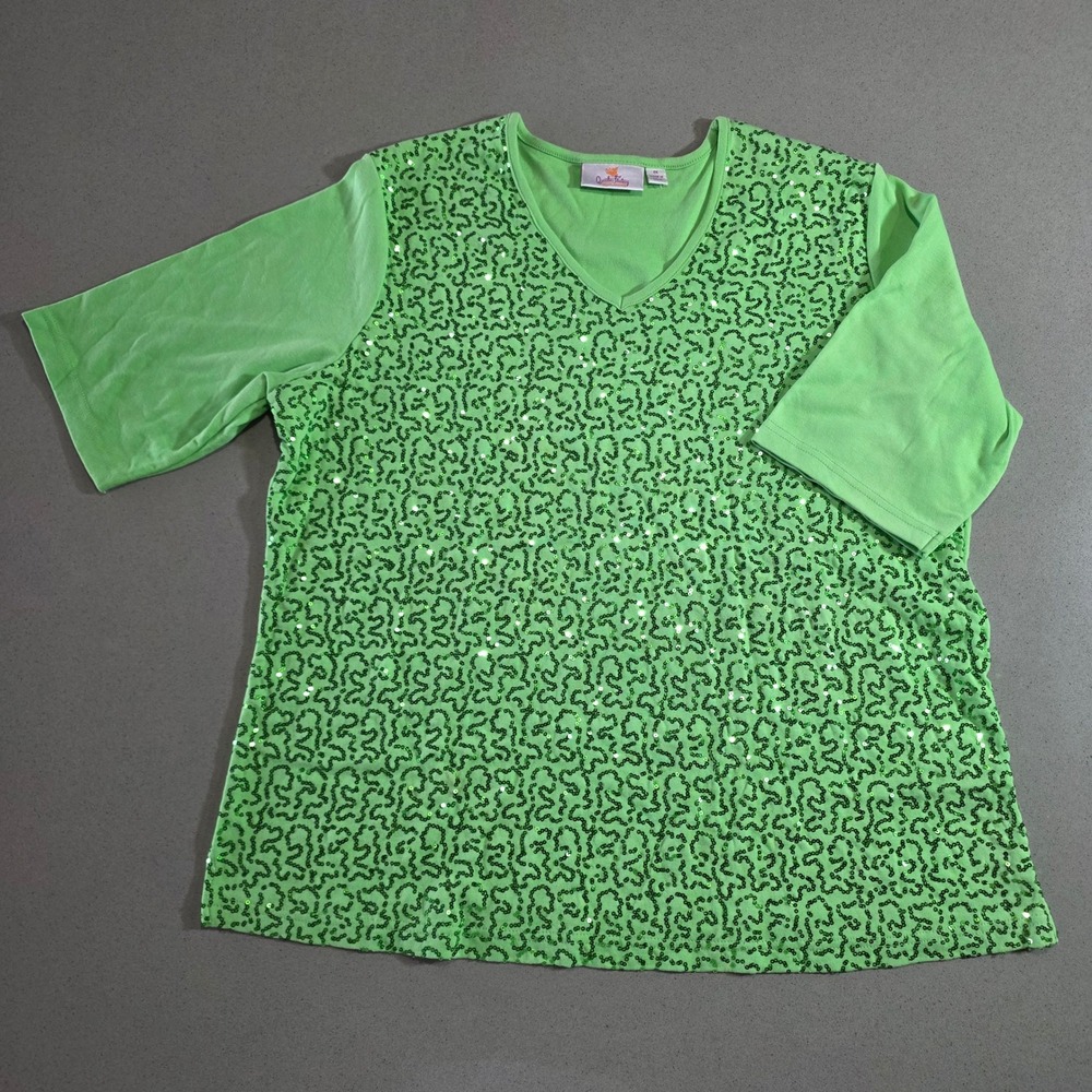 Quacker Factory Lime Green Sequin Scroll V-Neck Top Womens 1X Short Sleeve